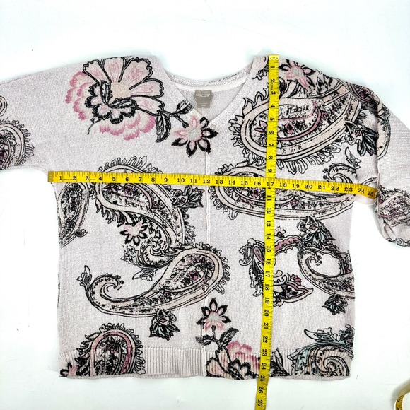 Chico's Blush Pink Paisley Sweater Sz 3 (XL) 3/4 Roll Tab Sleeve Romantic Cotton - Picture 12 of 12